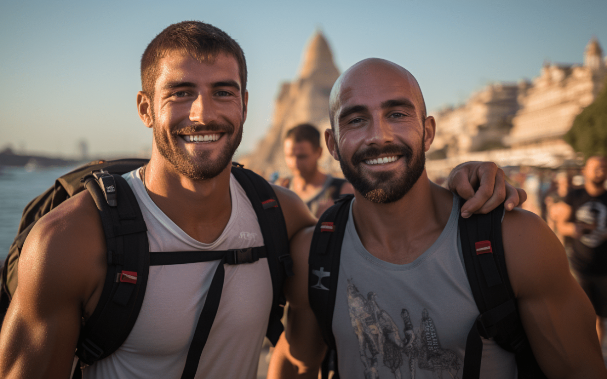 Deux hommes debout l'un à côté de l'autre avec des sacs à dos, explorant la scène gay d'Ibiza en automne.