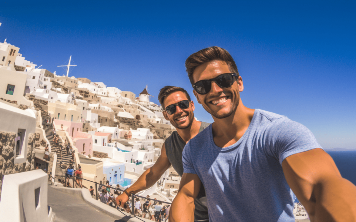 Deux hommes gays prenant un selfie dans la destination gay-friendly de Santorin, en Grèce.