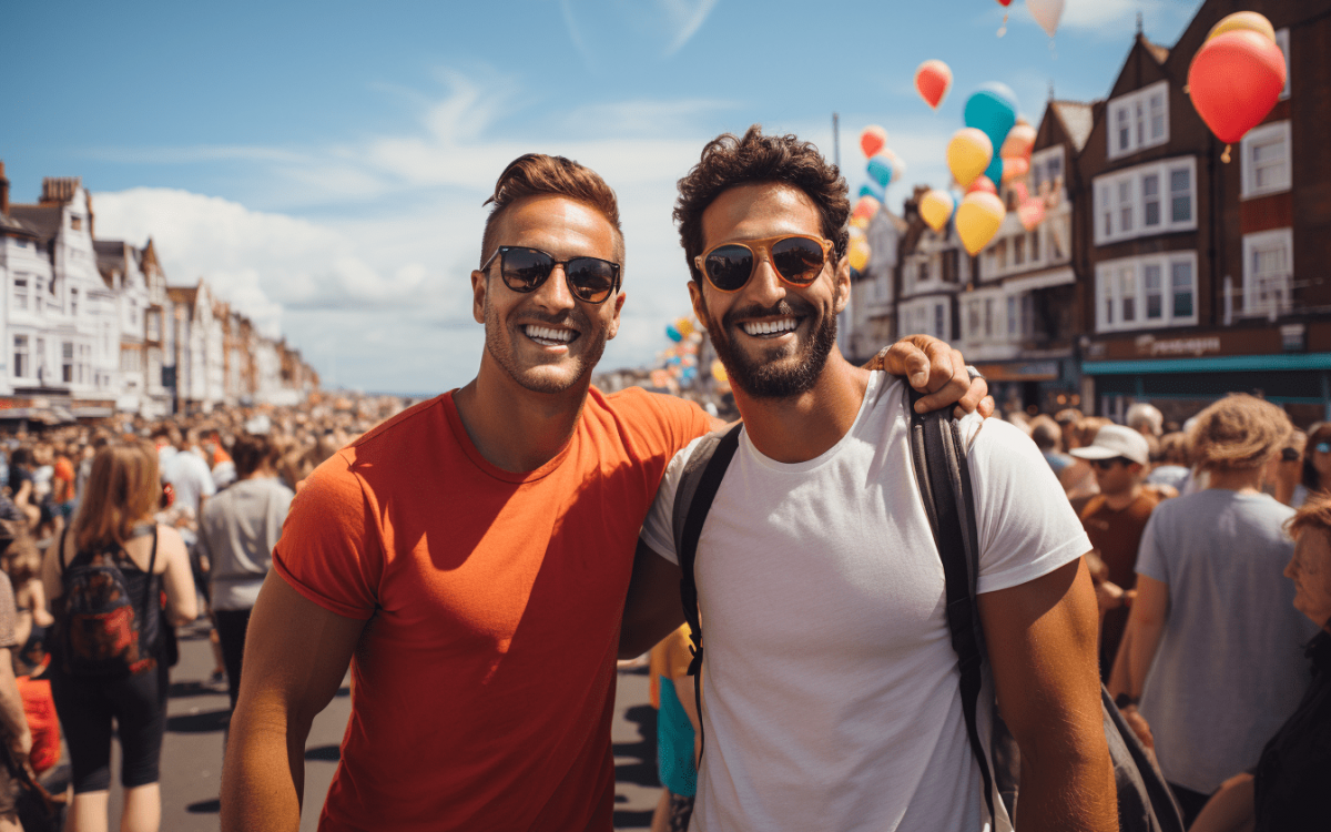 Deux hommes gays musclés célébrant joyeusement au festival Brighton Pride en août, exprimant l'amour et l'unité au milieu d'une foule vibrante et diverse.