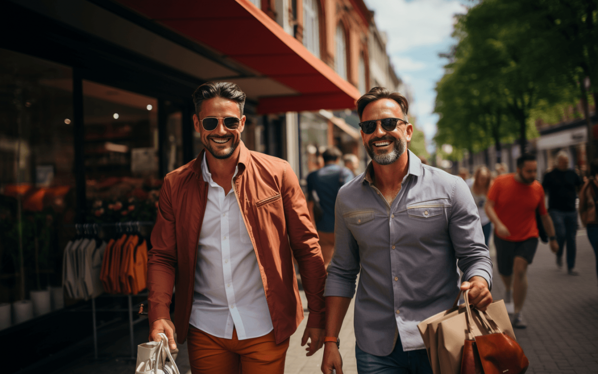 Deux hommes marchant dans la rue avec des sacs de courses dans une ville européenne gay-friendly.