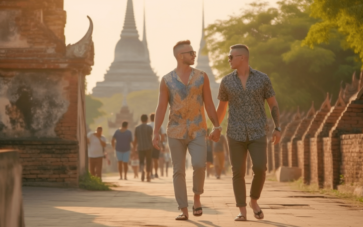 Deux homosexuels guidés dans les rues de Bangkok, en Thaïlande.