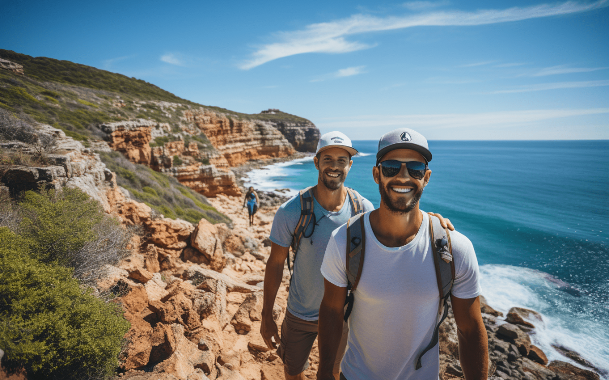 Deux hommes en randonnée sur un chemin rocheux près de l'océan dans l'Algarve gay-friendly.