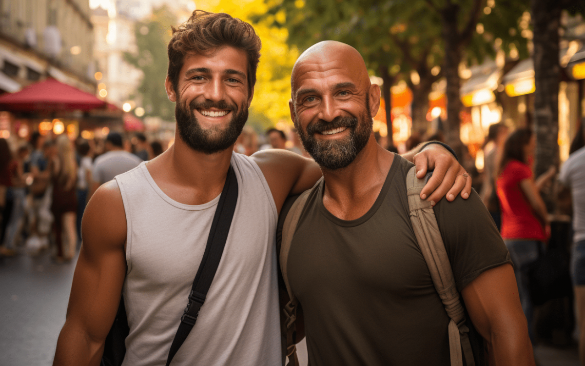 Deux hommes gays explorant les rues animées de Barcelone pendant l'automne en tant que guide.