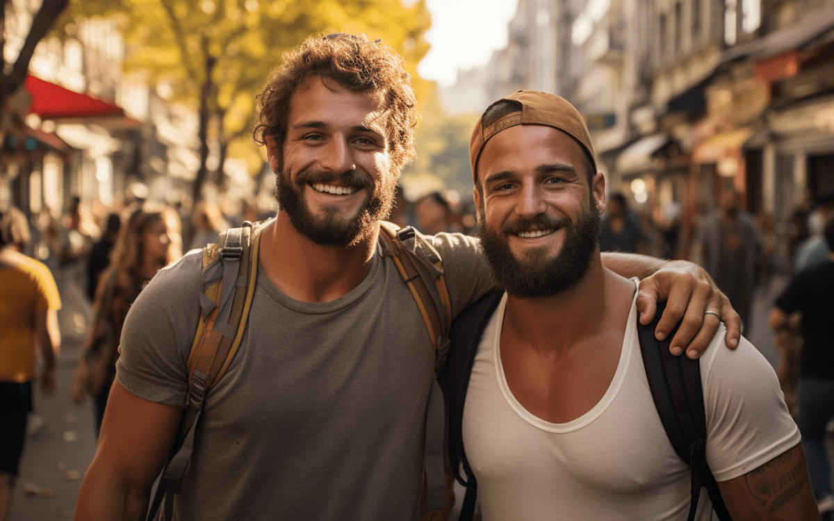 Deux homosexuels souriants dans une rue de Paris.