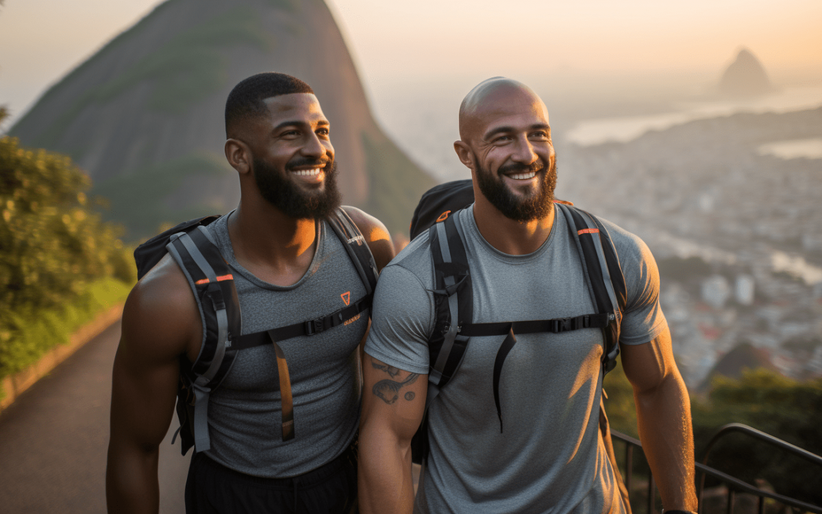 Deux hommes homosexuels avec des sacs à dos sur un sentier de randonnée à Rio de Janeiro, au Brésil, en automne.