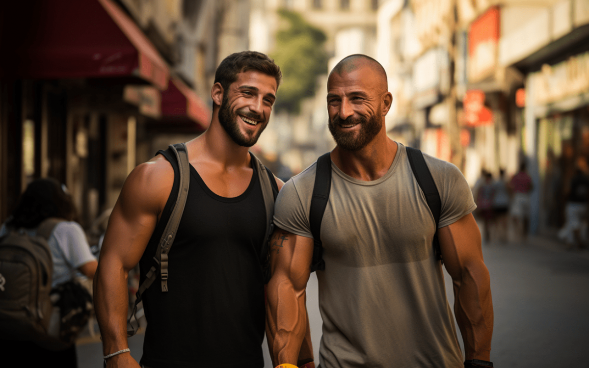 Deux hommes marchant dans une rue de Paris.