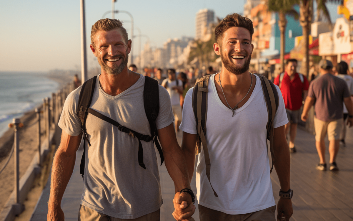 Deux homosexuels marchant le long de la plage avec des sacs à dos.