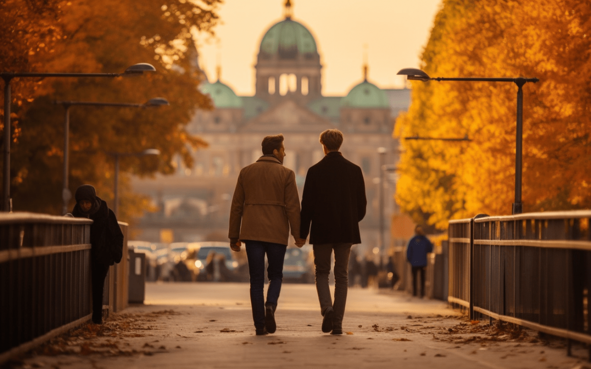 Deux personnes se promènent sur un pont à Berlin en automne.