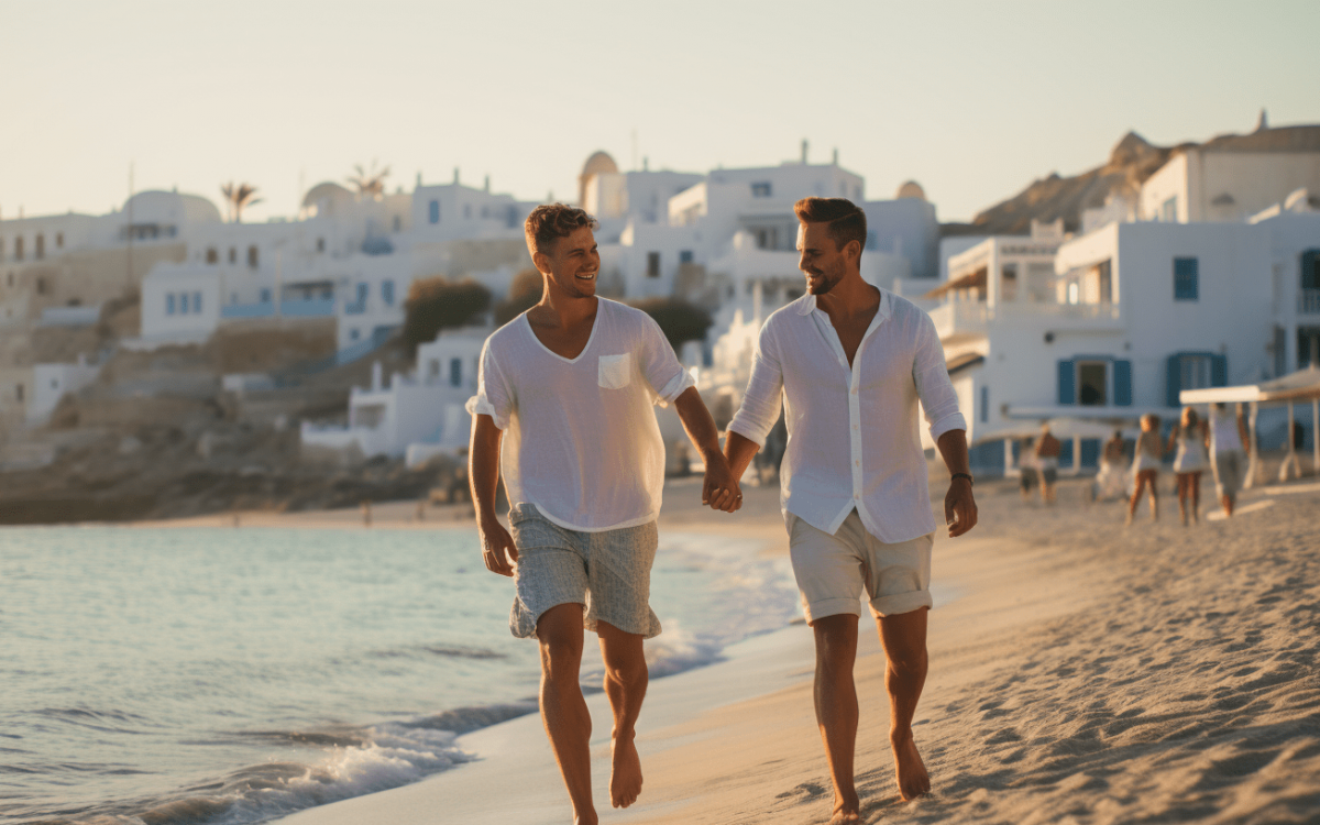 Deux hommes marchant sur la plage se tenant la main à Mykonos, une destination de voyage gay.