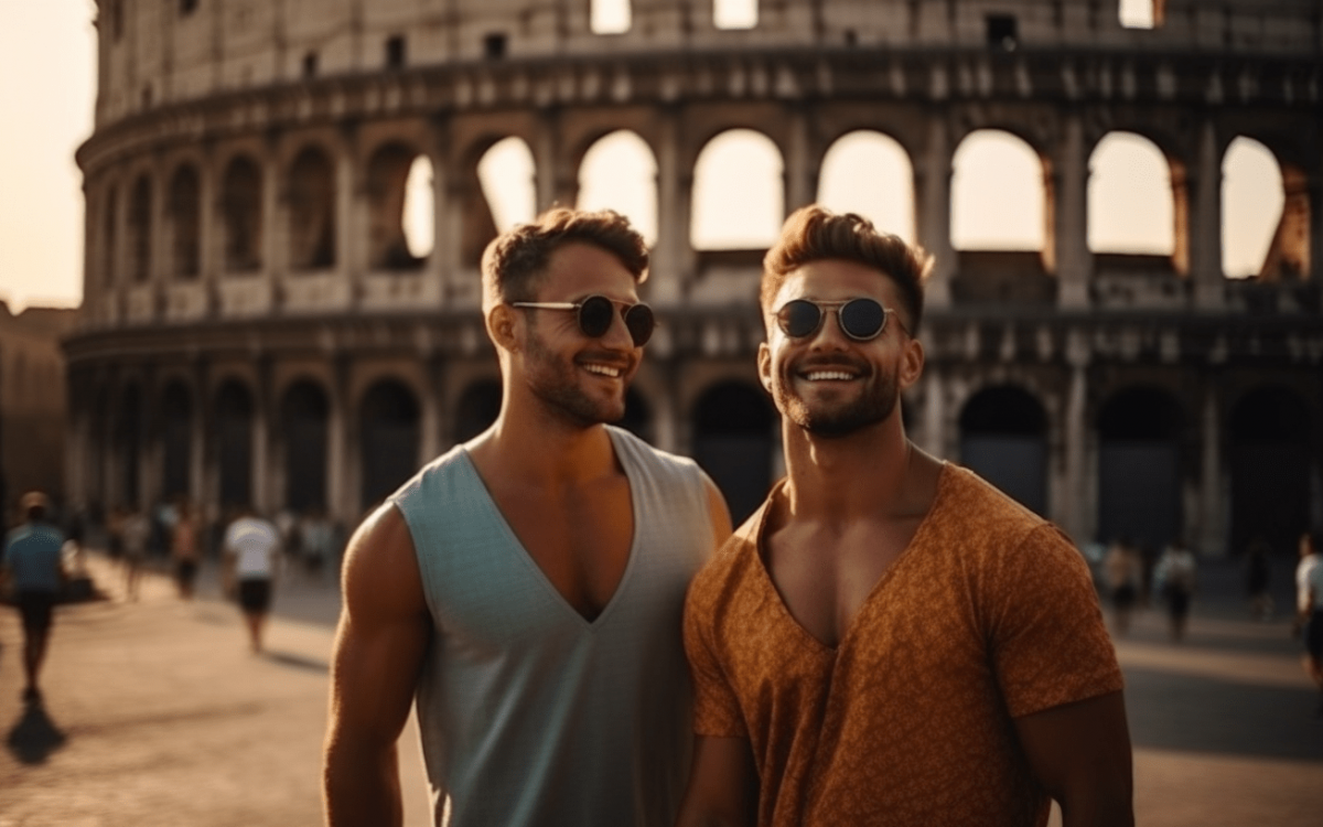 Deux homosexuels debout devant la colosse.