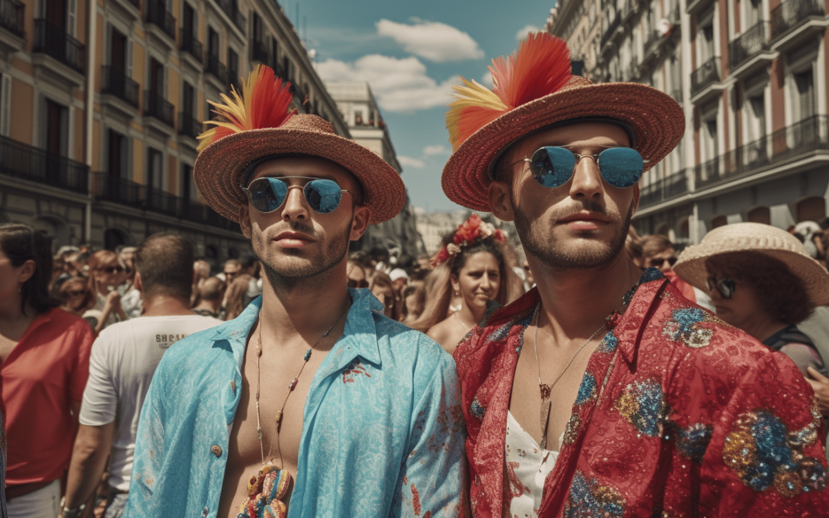 Deux hommes portant des chapeaux colorés et des lunettes de soleil dans une rue animée.