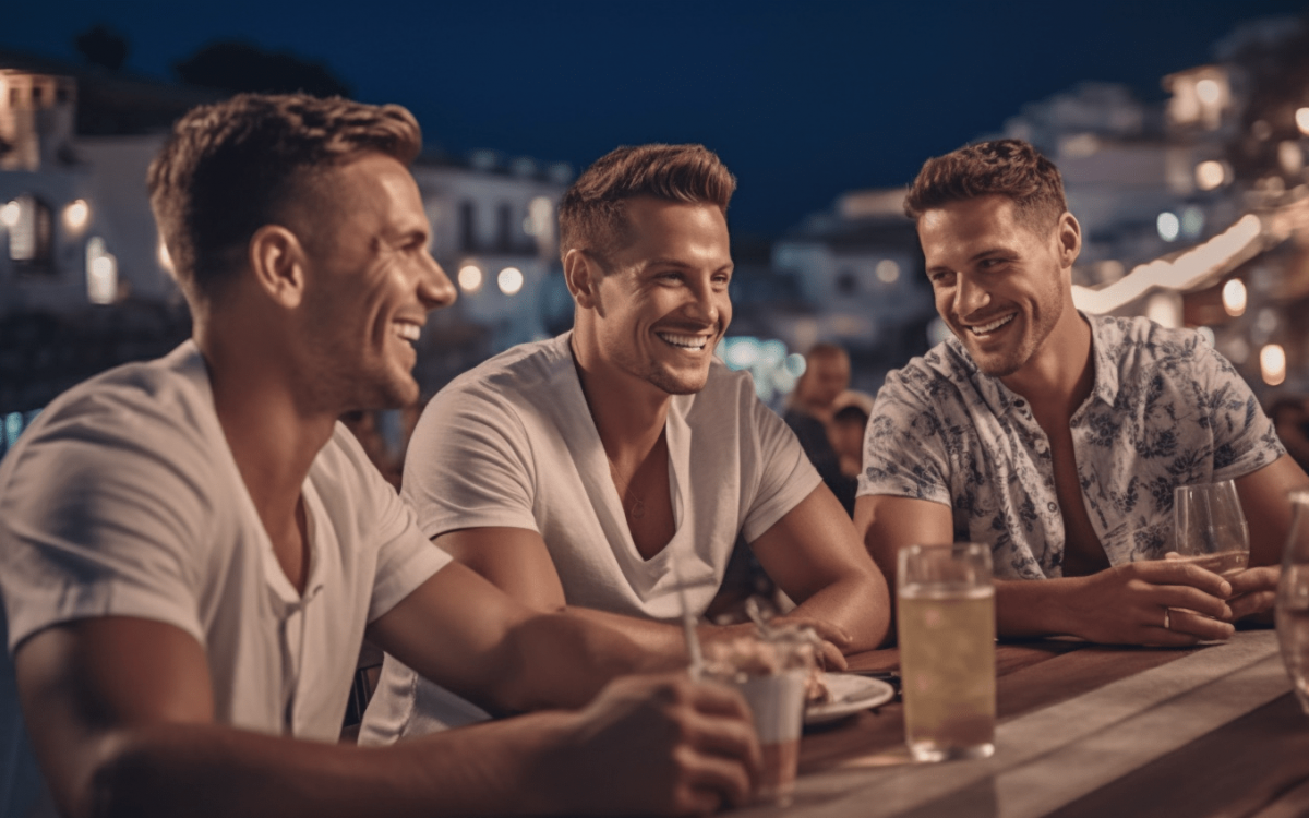 Trois hommes dansent dans l'un des meilleurs clubs gay d'Ibiza.
