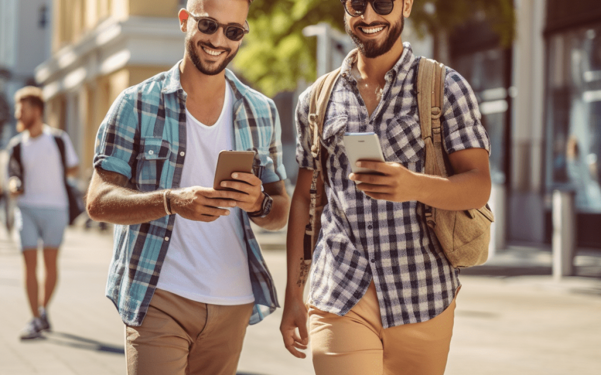 Deux jeunes hommes marchant dans la rue dans une ville gay-friendly.