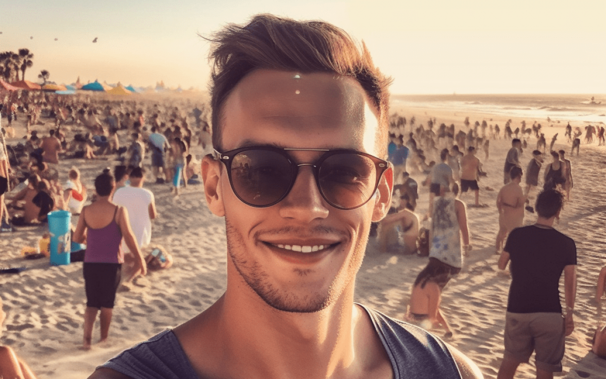 Un homme prend un selfie sur la plage festive d'Ibiza.