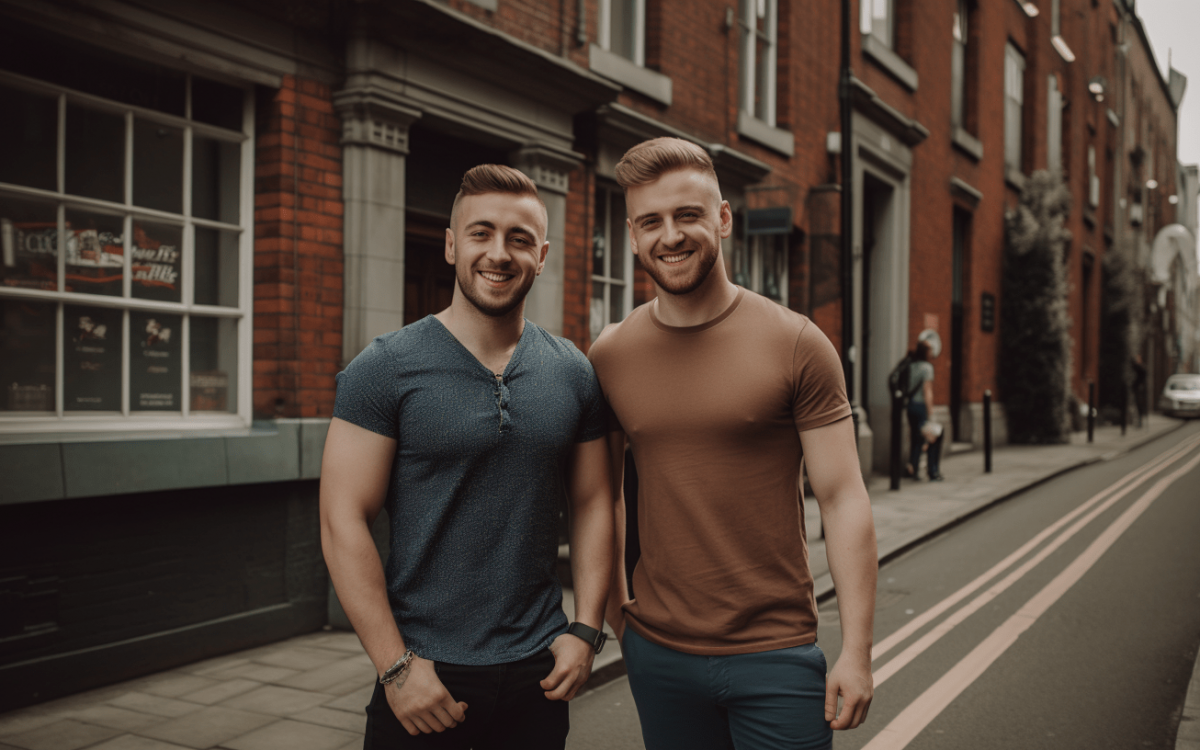Deux hommes homosexuels debout dans une rue de Manchester.