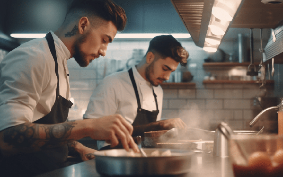 Deux chefs préparent une cuisine gay-friendly dans une cuisine commerciale.