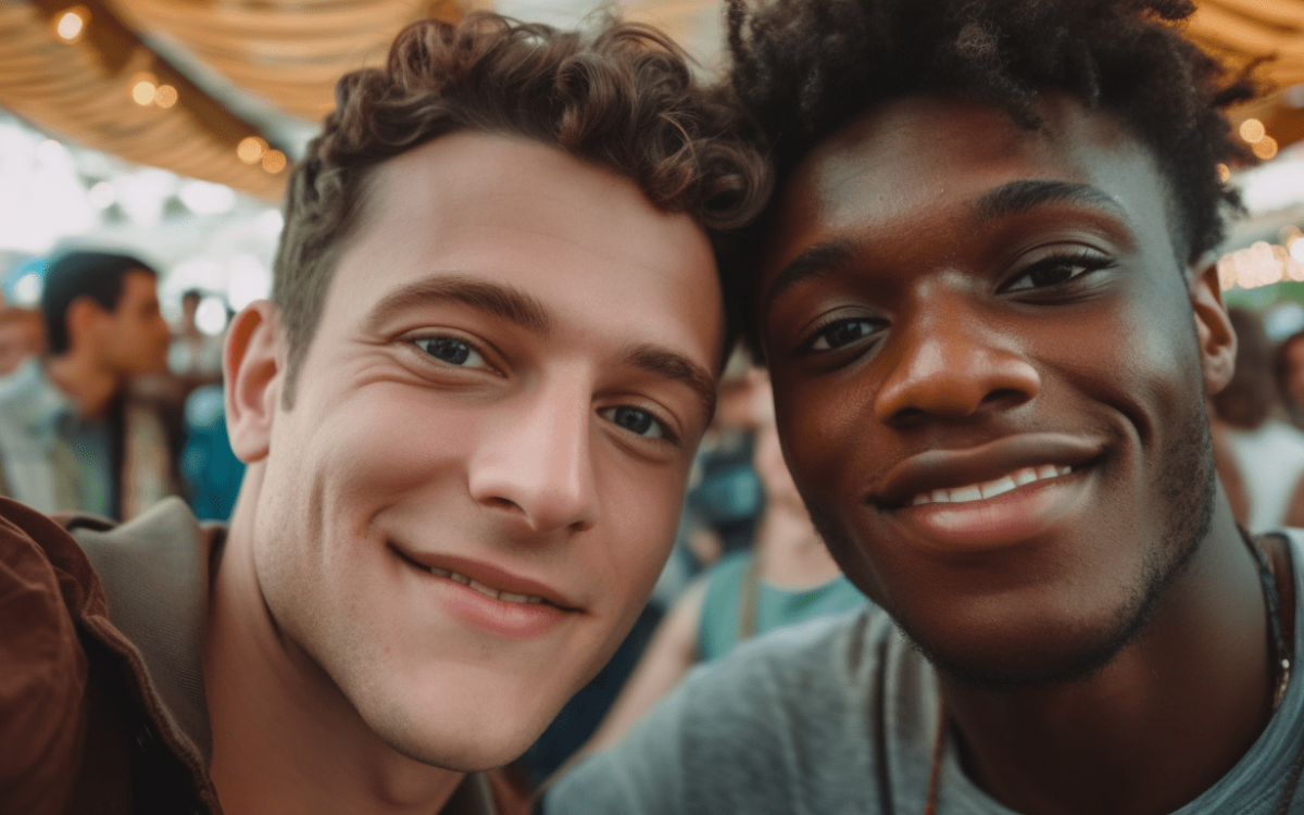Deux jeunes hommes prenant un selfie estival.