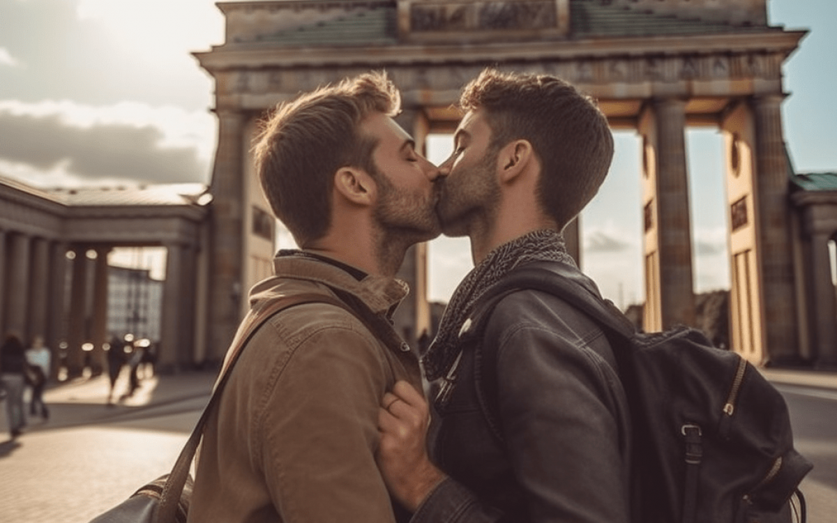 Deux homosexuels s'embrassant devant la porte de Brandebourg présentés dans le guide gay de Berlin.