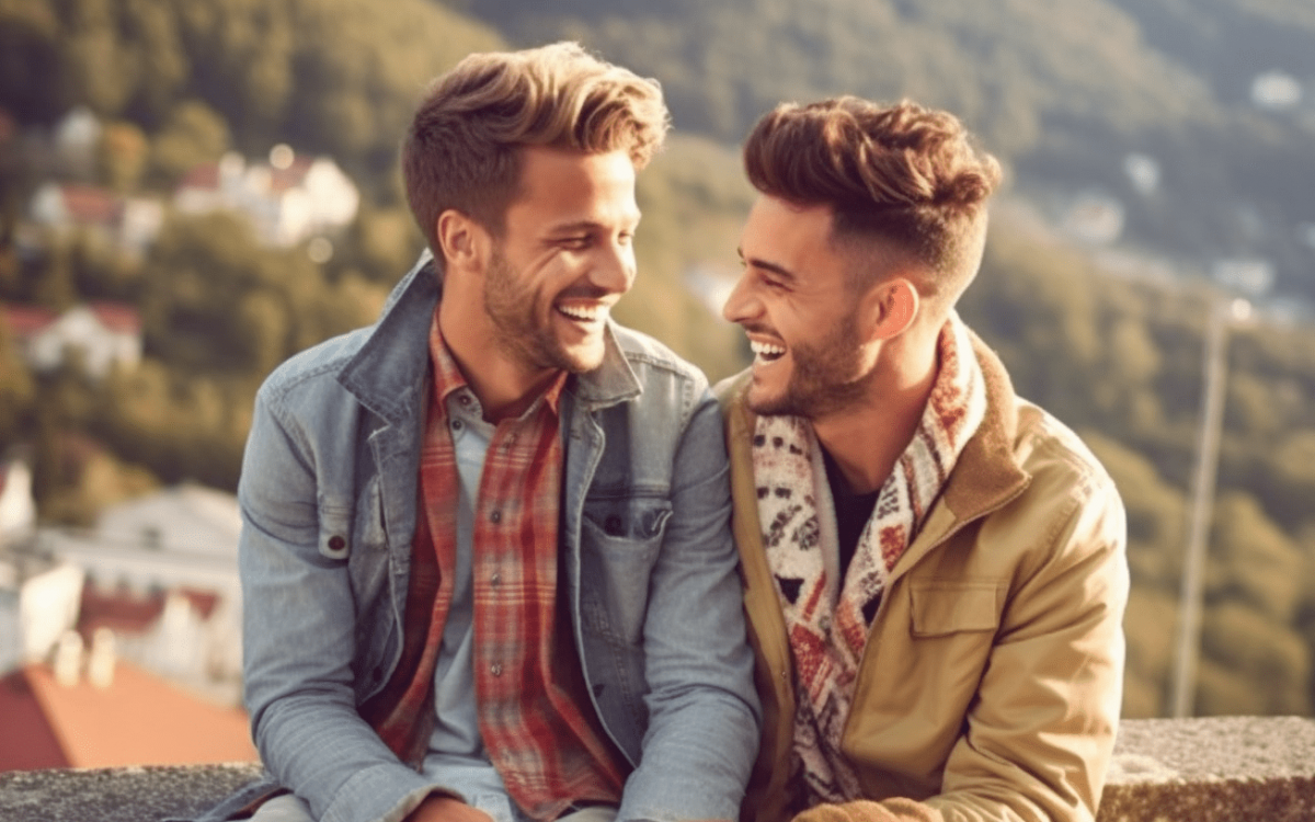 Deux homosexuels rient lors d'un road trip dans les Alpes.