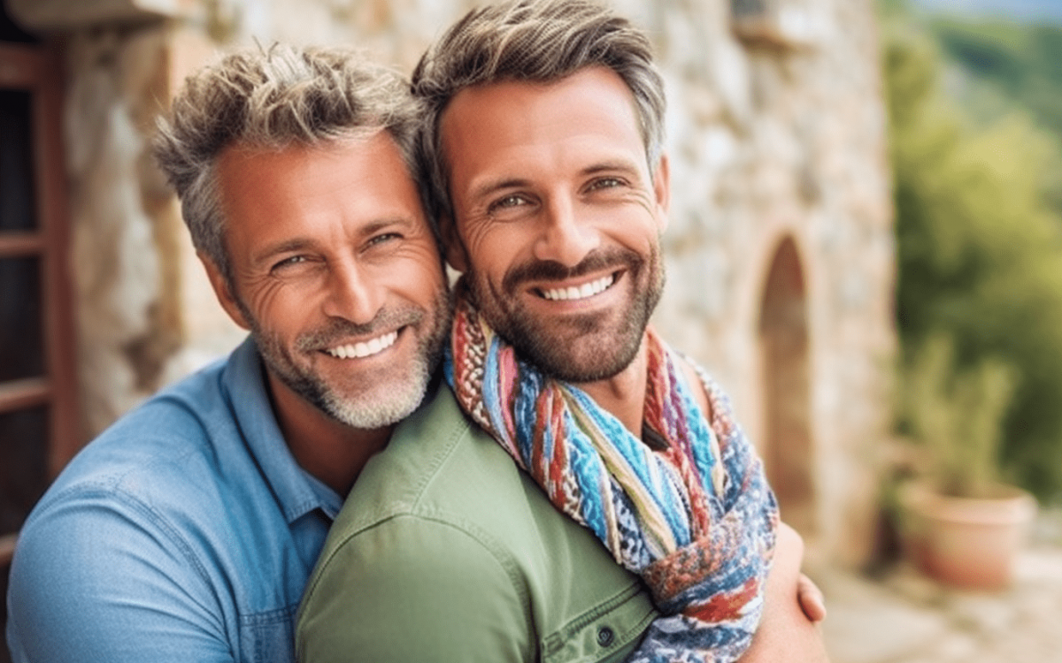 Deux hommes gay-friendly s'embrassant devant une maison en pierre dans un village français.