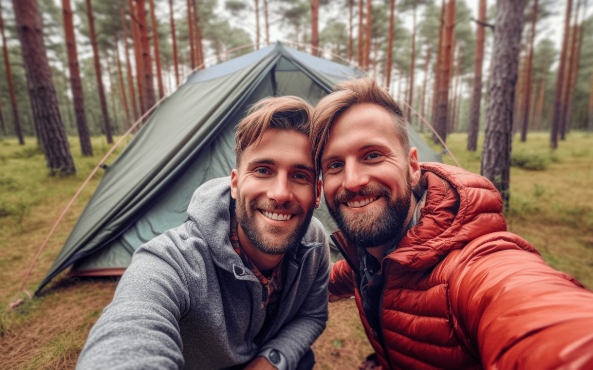 Deux hommes prenant un selfie devant une tente dans l'un des meilleurs campings gay d'Europe.
