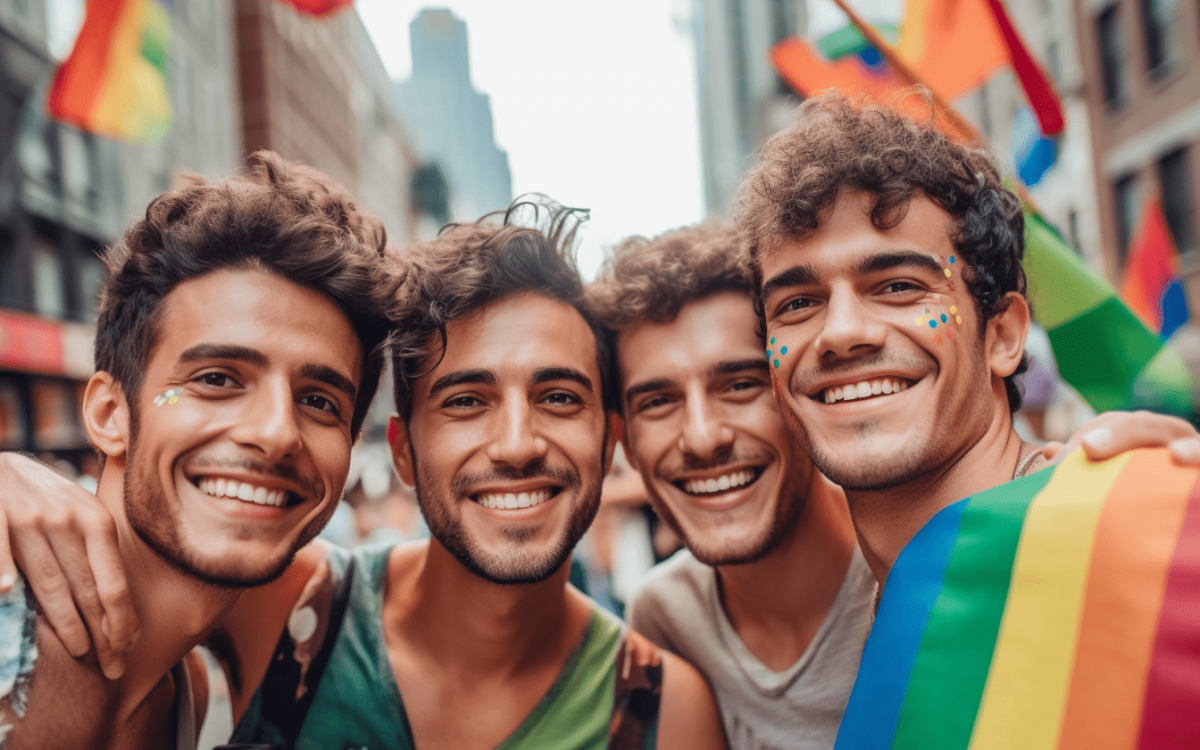 Un groupe d’hommes homosexuels souriant avec des drapeaux de la fierté lors d’un événement Gay Pride en août 2023.